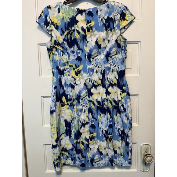 AGB Blue Yellow Floral Sheath Dress Cap Sleeve Midi Stretch Twill Size 14 - Picture 2 of 11